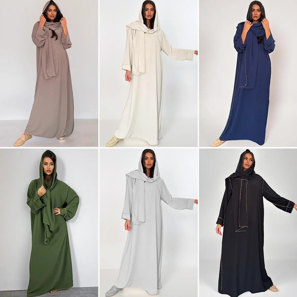 Women's Muslim Fashion Contrast Trim Casual Maxi Dress & Matching Hijab Co-ord,Gold Contrasting Stitching Long Sleeve Abaya Dress With Hijab Set,Islamic Long Sleeve Floor Length Clothing for Daily Wear,Modest Womenswear,Muslim Fashion Abaya Set
