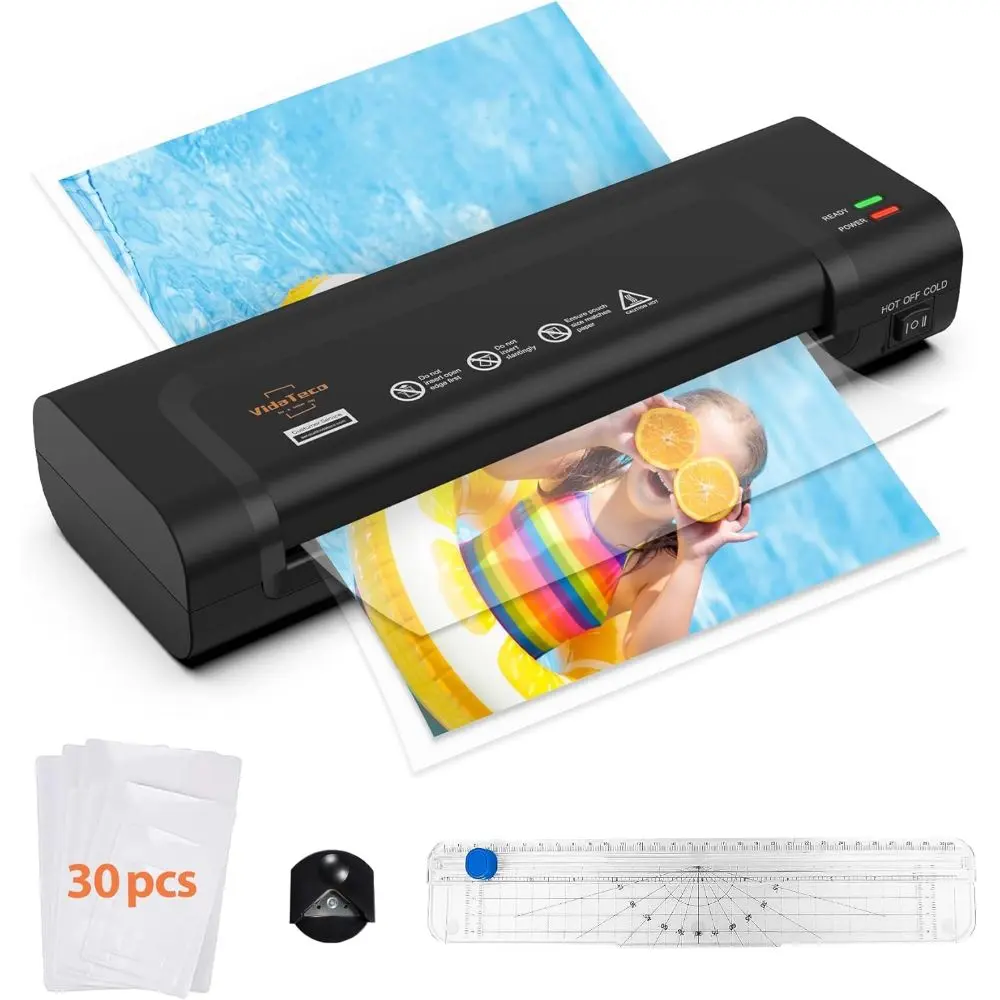 Portable A4 Thermal Laminating Machine with Hot and Cold Settings, Quick Warm-up and No Bubbles with 30 Laminator Pouches, 1 Corner Rounder,1 Paper Cutter, for School/ Home/ Offices