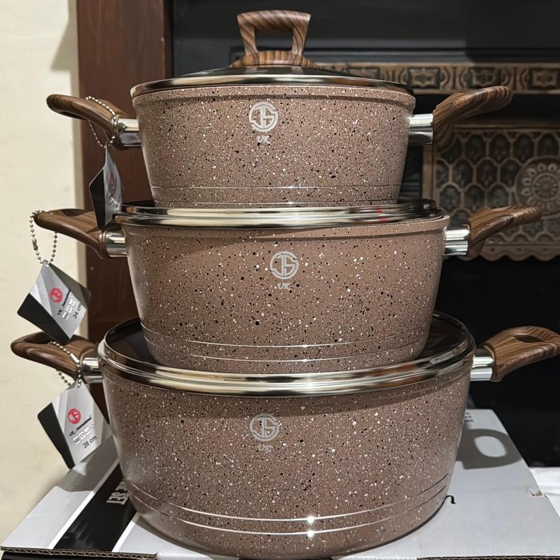 coffee colour 3pots in box packing nonstick induction wooden handle 1