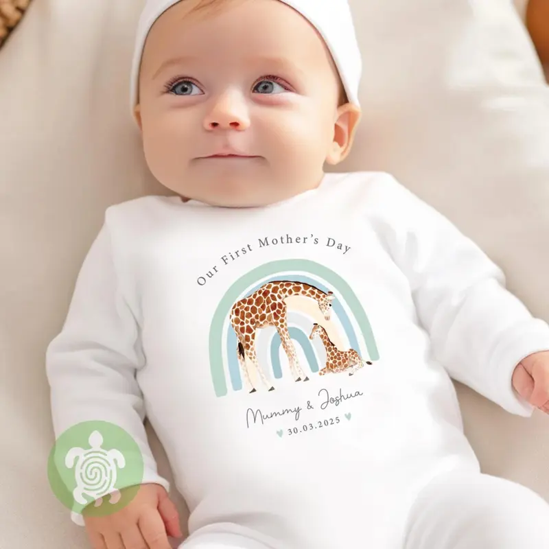 Our First Mothers Day, Giraffe Green Rainbow Mother's Day, Personalised Mothers Day Babygrow Sleepsuit Gift, Mothers Day Baby Boy Girl vest Outfit 0