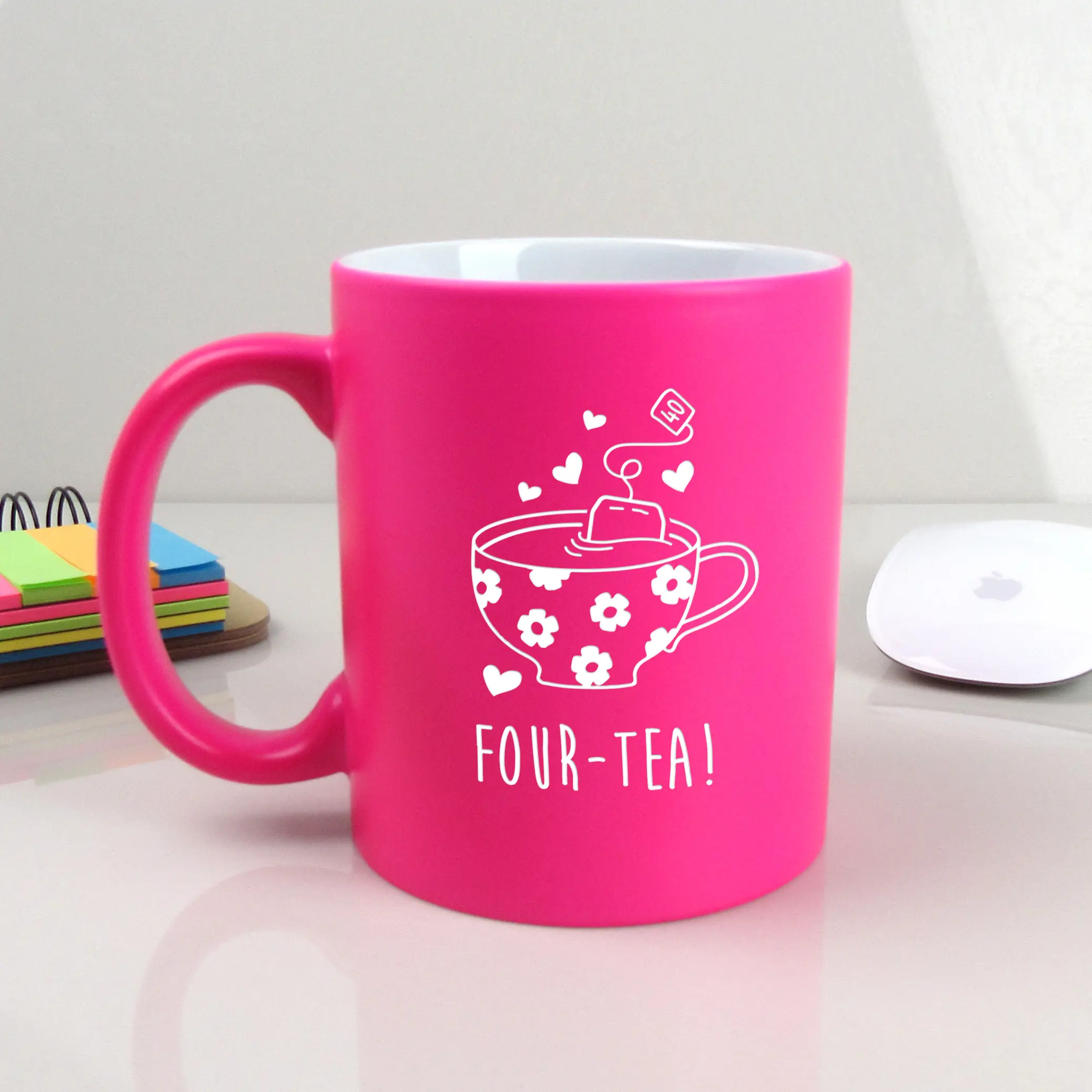 FOUR-TEA Neon Pink Ceramic Coffee Mug Cup - 350 ml - Perfect 40th Birthday Gift for Her - Drinkware