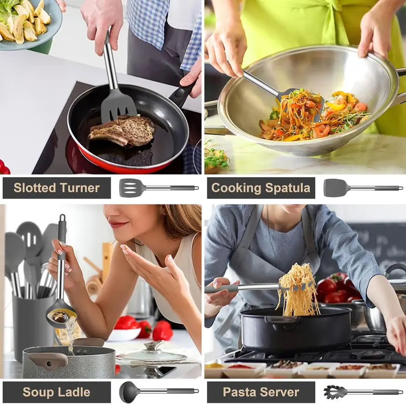 Kitchen Utensils Set, 10 Pcs Silicone Cooking Utensils Set with Stainless Steel Handle, Heat Resistant Cooking Tools Spatula Turner Spoon with Holder, Dishwasher Safe & Non Scratch, Grey 4