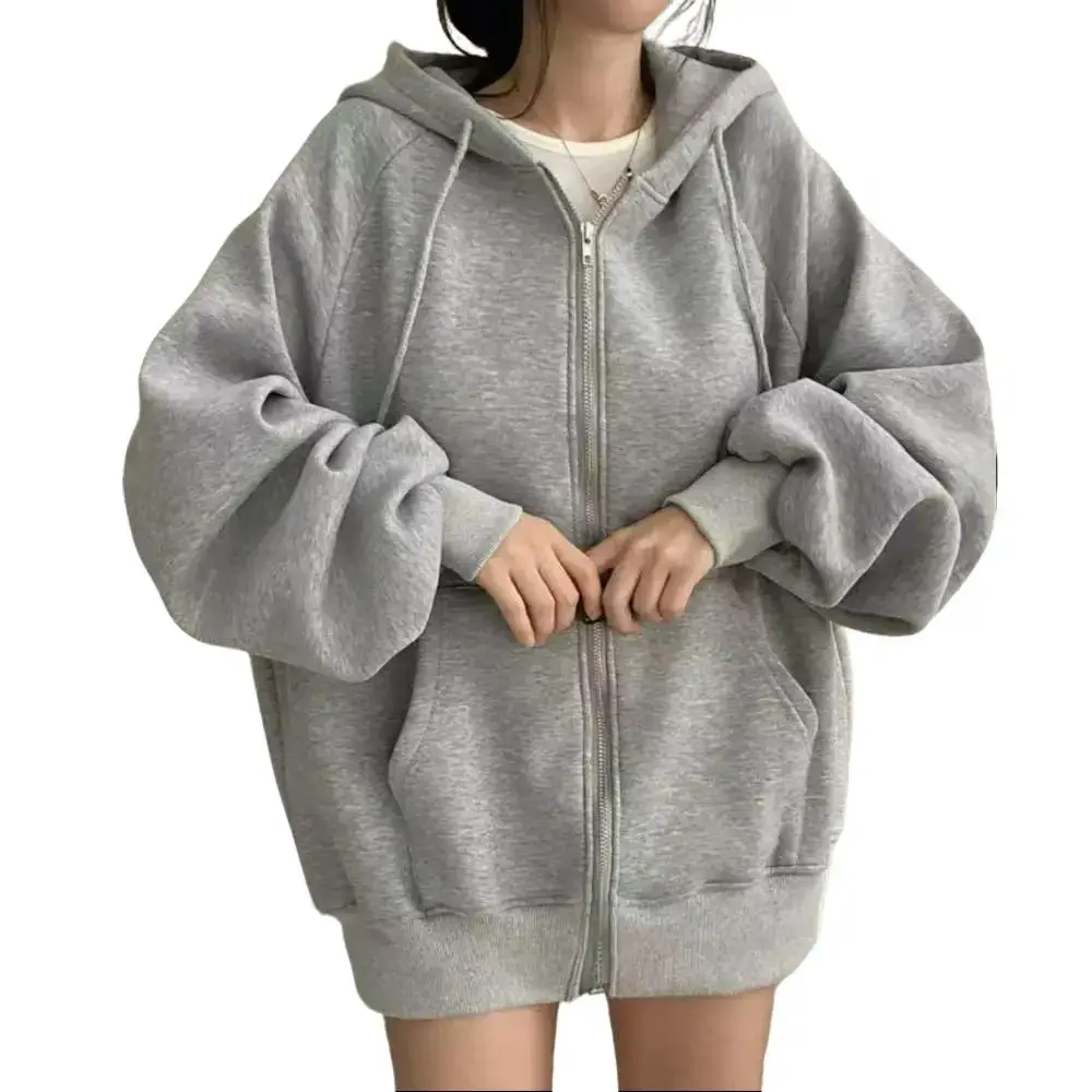 Women's solid color drawstring hooded jacket, casual zipper long sleeve hooded jacket with pockets, daily outdoor wear, winter clothing, casual and comfortable, top loose basic style, beige simple O-line sweatshirt
