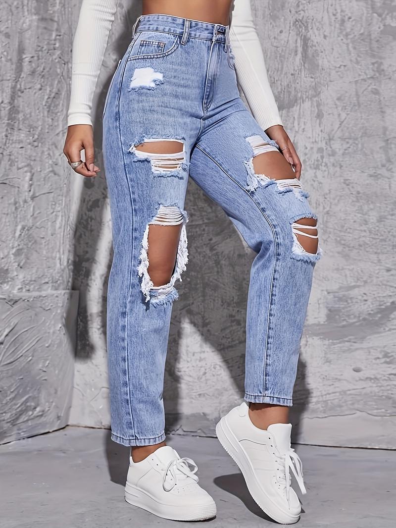 Product Introduction of American Retro Hole-punched Jeans Women High Waist Straight-crotch Loose Slim Design High-street Vibe Wide-legged Dragging Pants 4