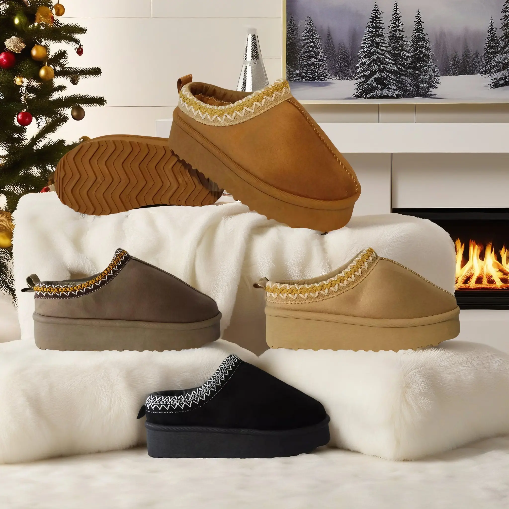 GIRLS SLIP ON FAUX SUEDE FUR LINED WINTER SNUG EMBROIDERED MULES SLIPPERS INDOOR LIGHT OUTDOOR LOUNGE KITCH HOME HOUSE HOME  BOOT