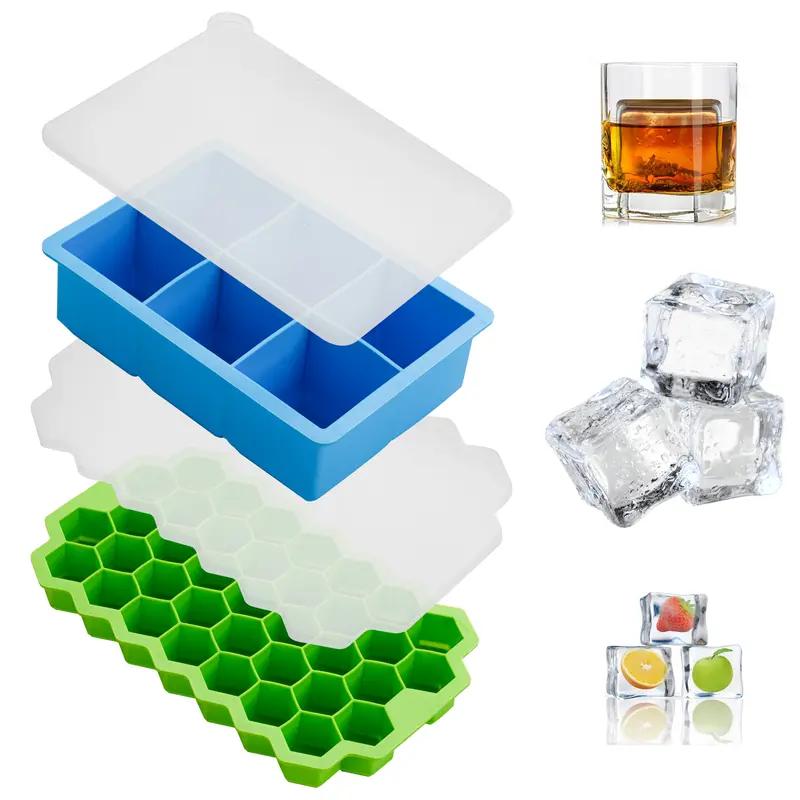 HOMESSENTIALS Silicone Ice Cube Trays with Lids Pack of 2 - Easy Release, Food-Grade, Spill-Proof, Odourless, Stackable & Dishwasher Safe Kitchen Utensils icecubetray 0