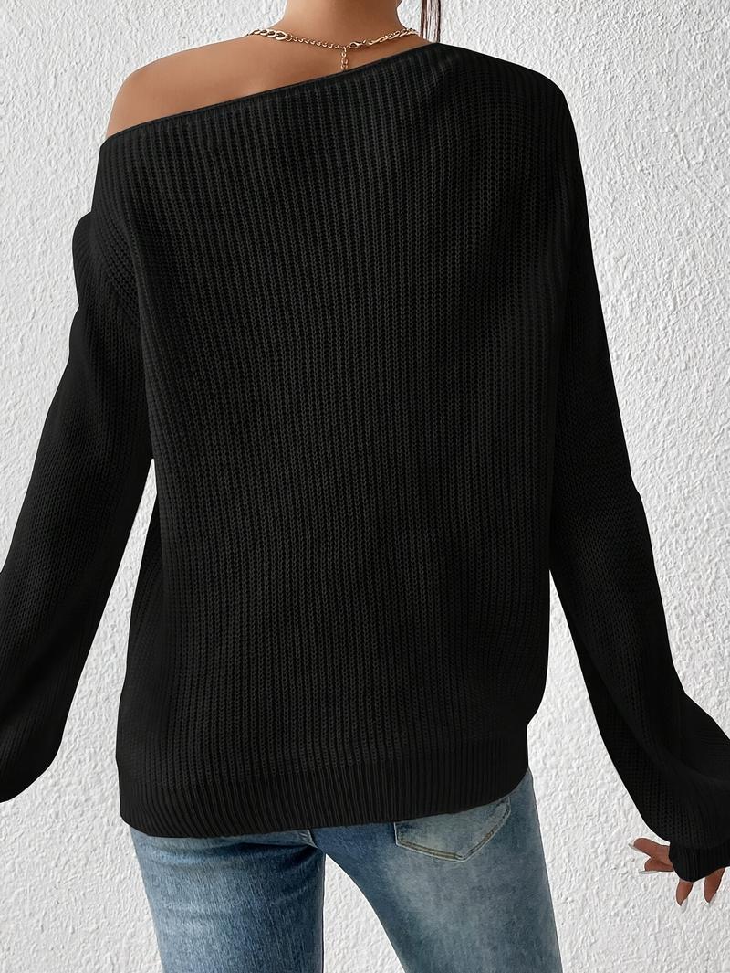 Product Introduction of 1pc Elegant Asymmetrical Neck Acrylic Knit Sweater for Women - Solid Color Off-Shoulder Pullover for Spring/Fall Knitwear Womenswear 1