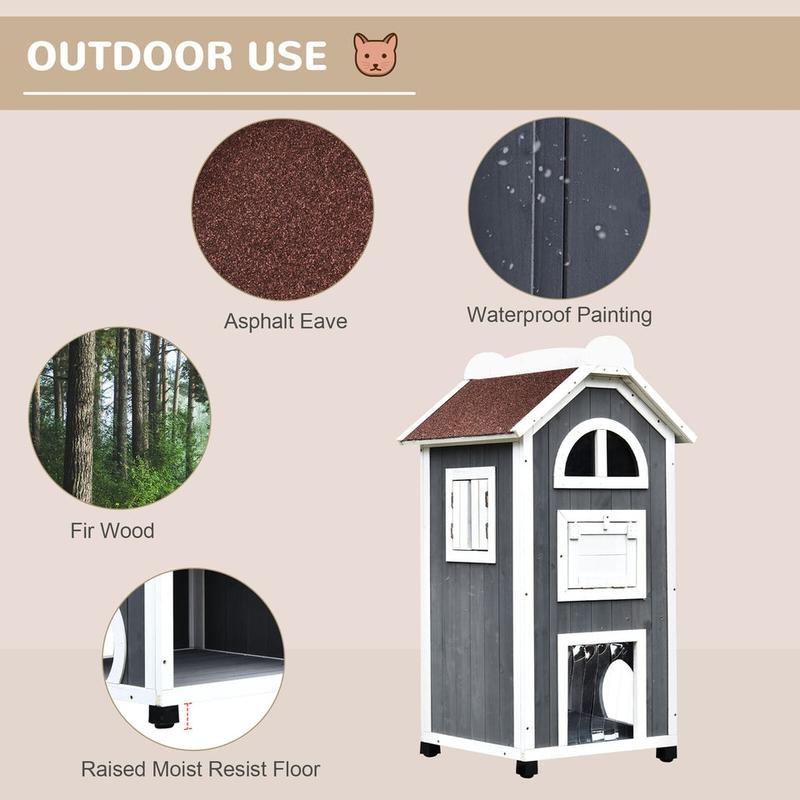 Solid Wood Cat Condo Furniture 2-Floor Pet Shelter, Grey and White, 109H Cm 2