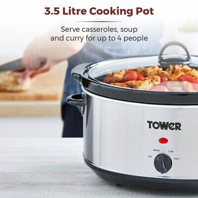 Tower 3.5L Slow Cooker 3 Heat Settings Stainless Steel Silver Family Compact - 3.5L Fast Cooking Easy Clean Design Easy Clean Design Easy Clean Design Non-stick Coating Non-stick Coating Non-stick Coating Non-stick Coating Keep Warm Function Aluminum 3