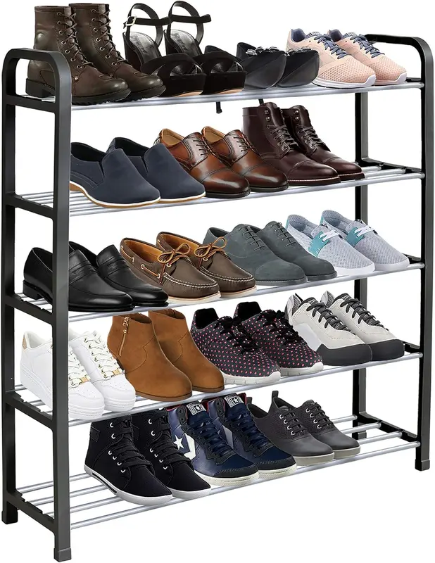5 Tier Shoe Slots Rack - Space Saving Shoe Storage Organiser with Quick, Tool-Free Assembly - Shoe Slots Holds 15-20 Pairs - Dimensions (L) 75.5cm x (W) 18.5cm x (H) 75.5cm - Black 0