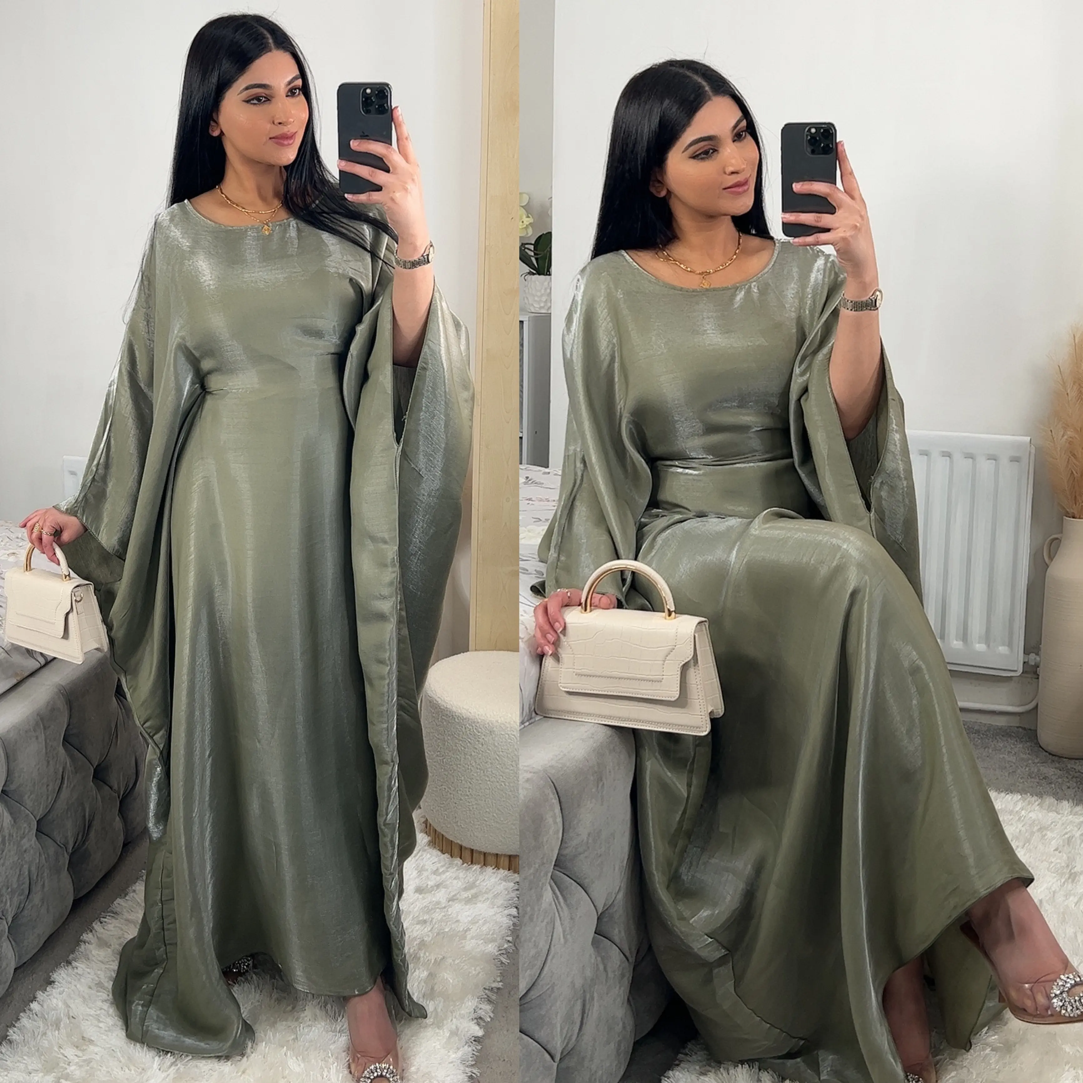 Women's Elegant Batwing Kaftan With Elasticated Inner Belt, Shimmer Effect, Arabian Islamic Clothing, Modest Fashion, Available In One Size 10-14