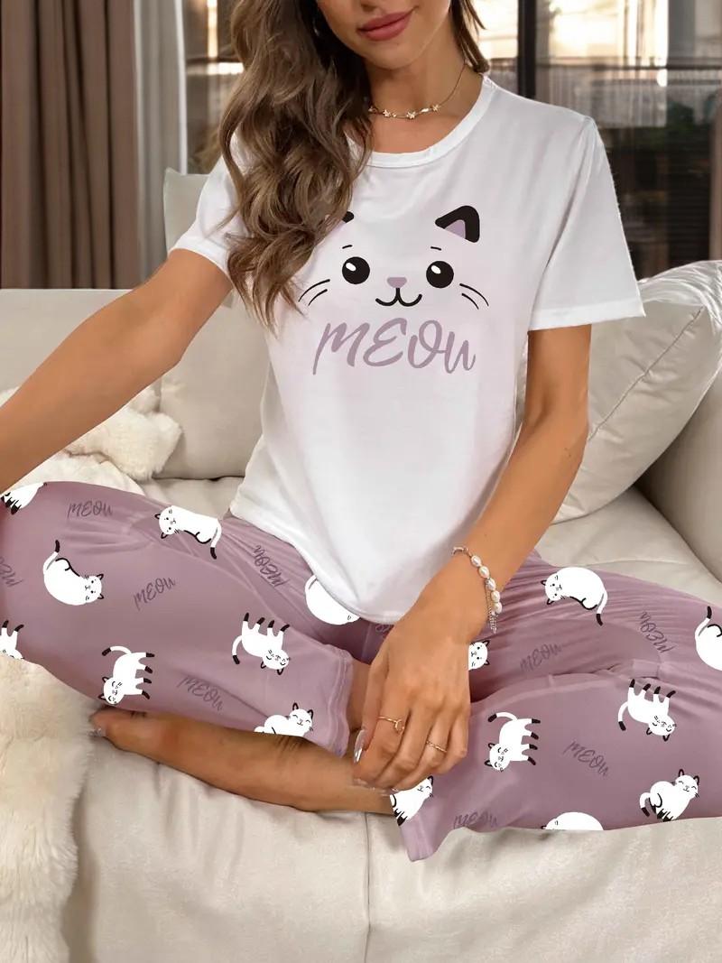 Product Introduction of Women's Cute Kitty Print Pyjama Set – Soft & Comfy Loungewear, Breathable Sleepwear, Relaxing Matching Top & Pants 4