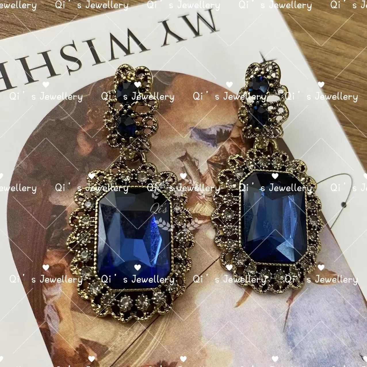 French Luxury Palace Style Blue Gemstone Earrings for Women