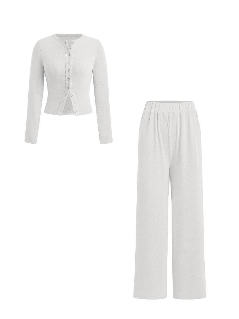 Product Introduction of Two-piece Set Women's Solid Button Front Ribbed Crop Top & Elastic Waist Pants, Casual Long Sleeve Round Neck Top & Trousers 2 Piece Set for Spring & Fall, Women's Clothes for Daily Wear, Sassyandclassyclothing 9