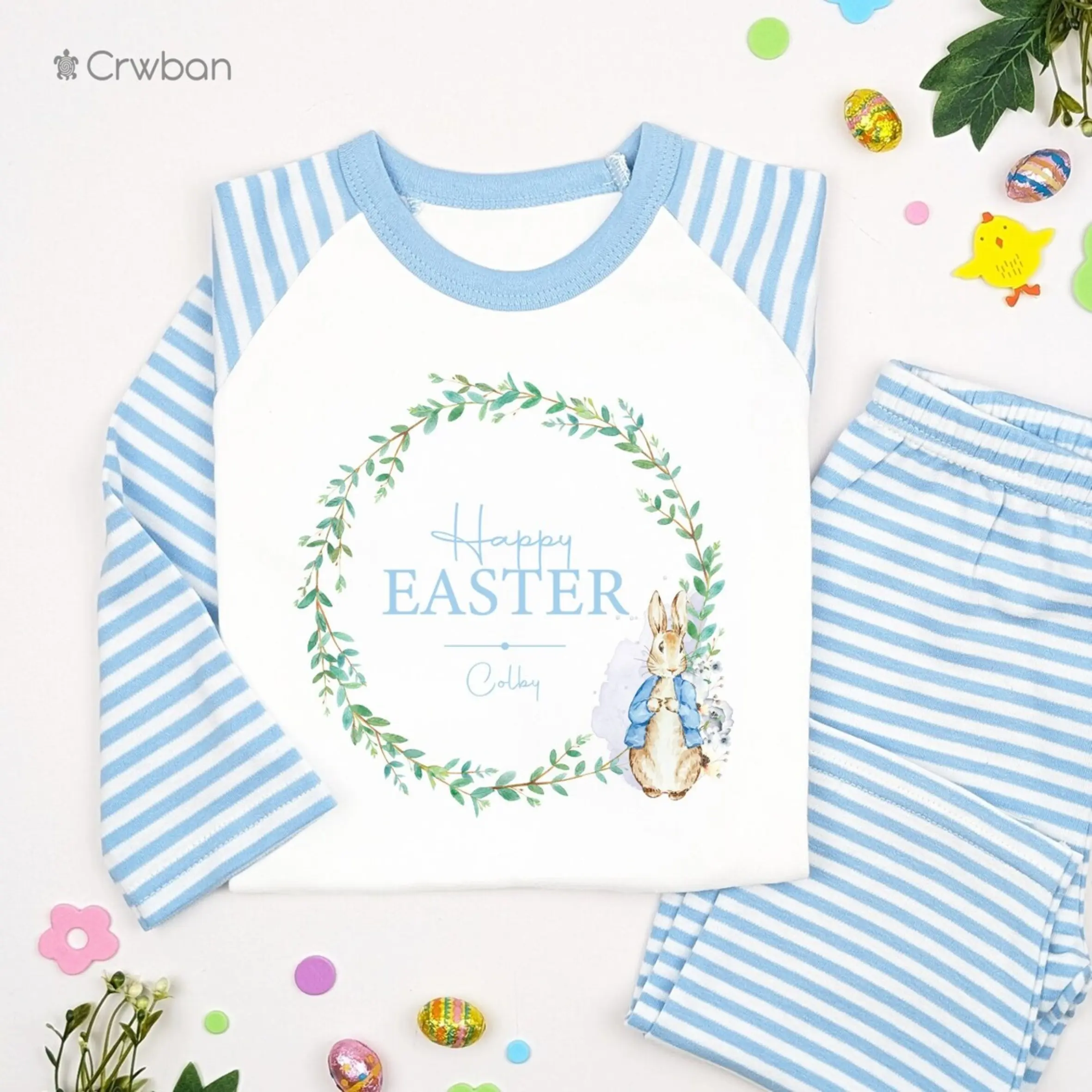 Happy Easter Blue Rabbit Wreath Personalised Pyjamas Easter Toddler Boys Occasion Children's Easter Blue Stripe Pyjamas