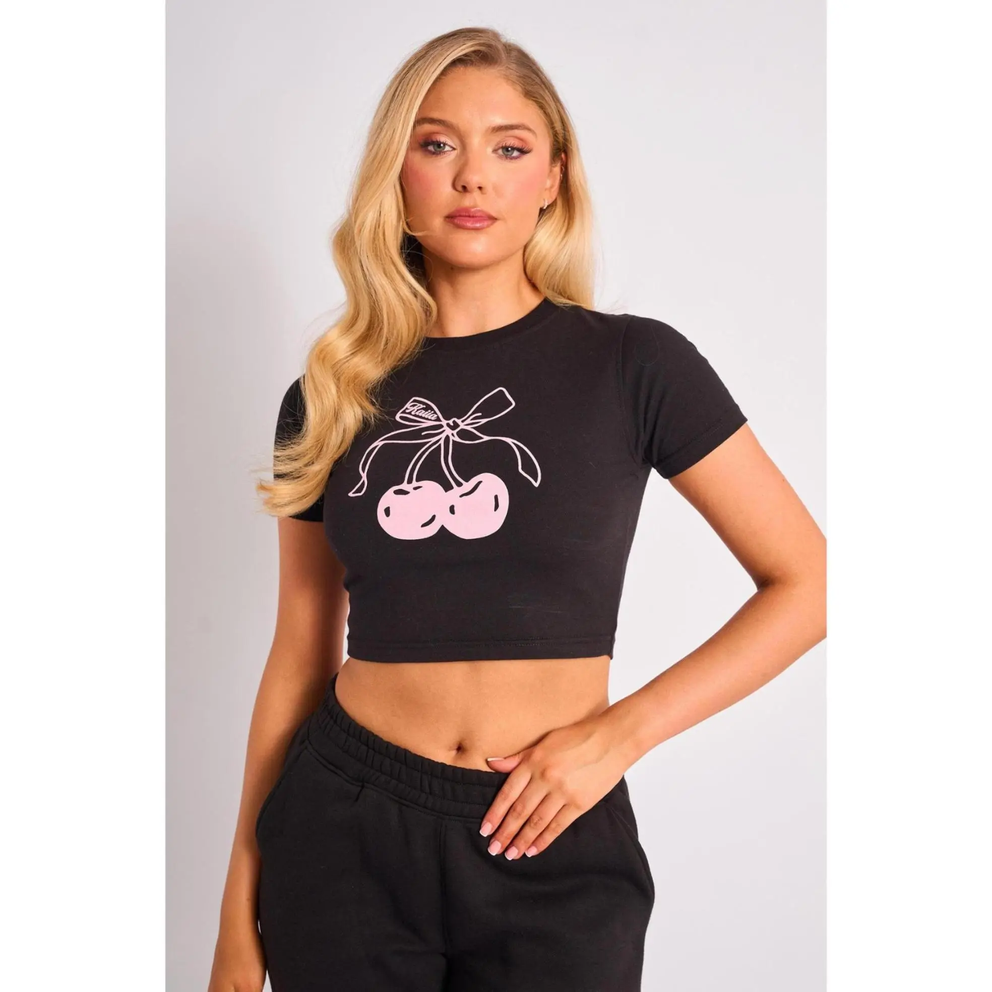 Kaiia Bow Cherry Graphic Baby Tee Black & Pink
