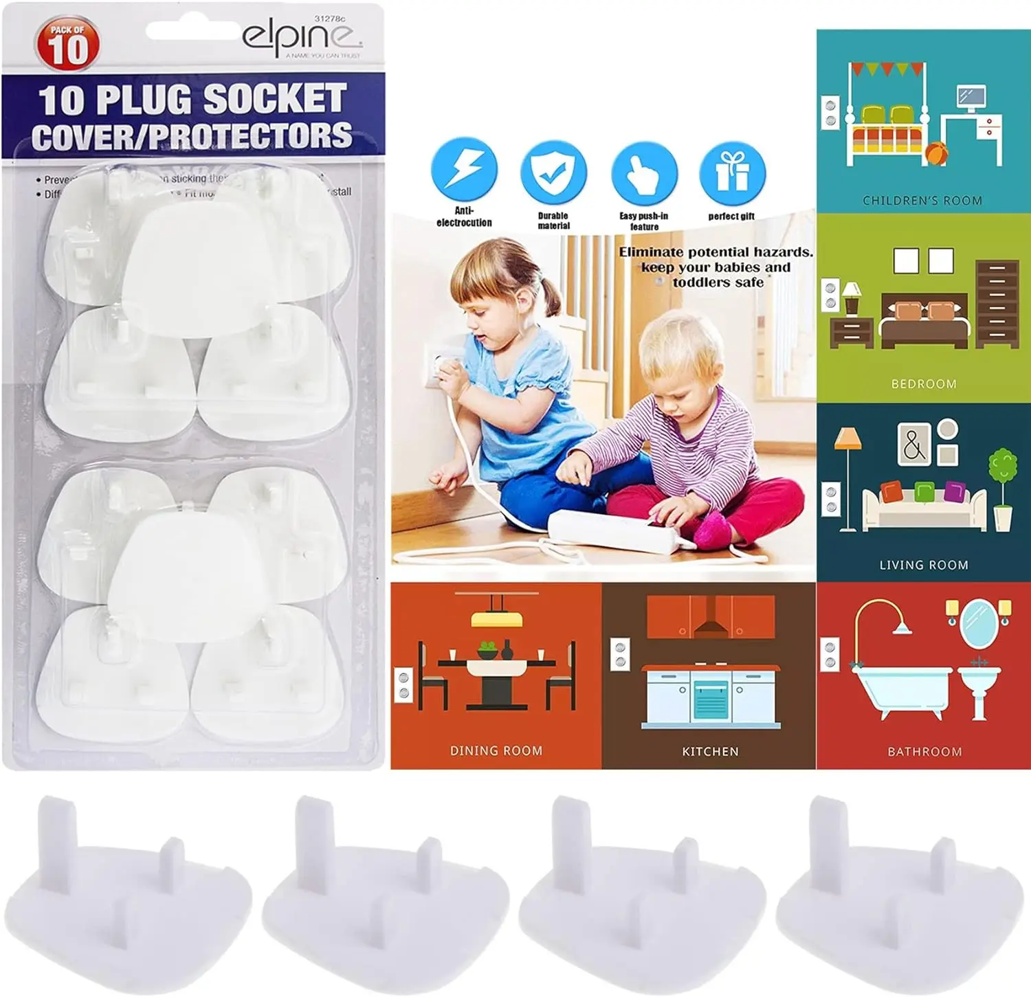 Socket Covers UK, Child Safety Plug Socket Covers Baby UK, Socket Protectors for Sockets UK - White