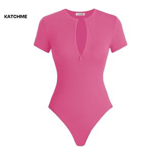 KatchMe Women's Versatile Plain Invisible Zipper Round Neck Short Sleeve Ribbed Bodysuit,Athleisure Tummy Control Seamless Bodysuit,Basic Womenswear