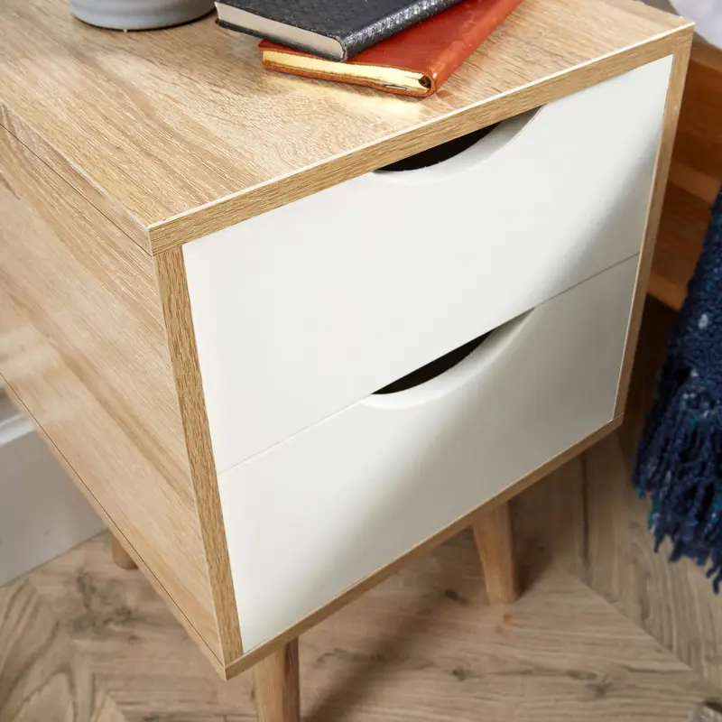 Big Furniture Warehouse Bedside Cabinet 2 Drawer Oak White Lamp Side Table Solid Wood Legs Scandi Style 5