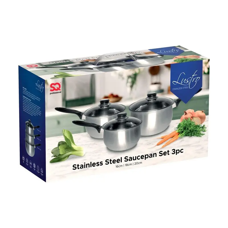 Lustro 3-Piece Stainless Steel Cookware Saucepan Set - Black Handles - 16 / 18 / 20cm 0