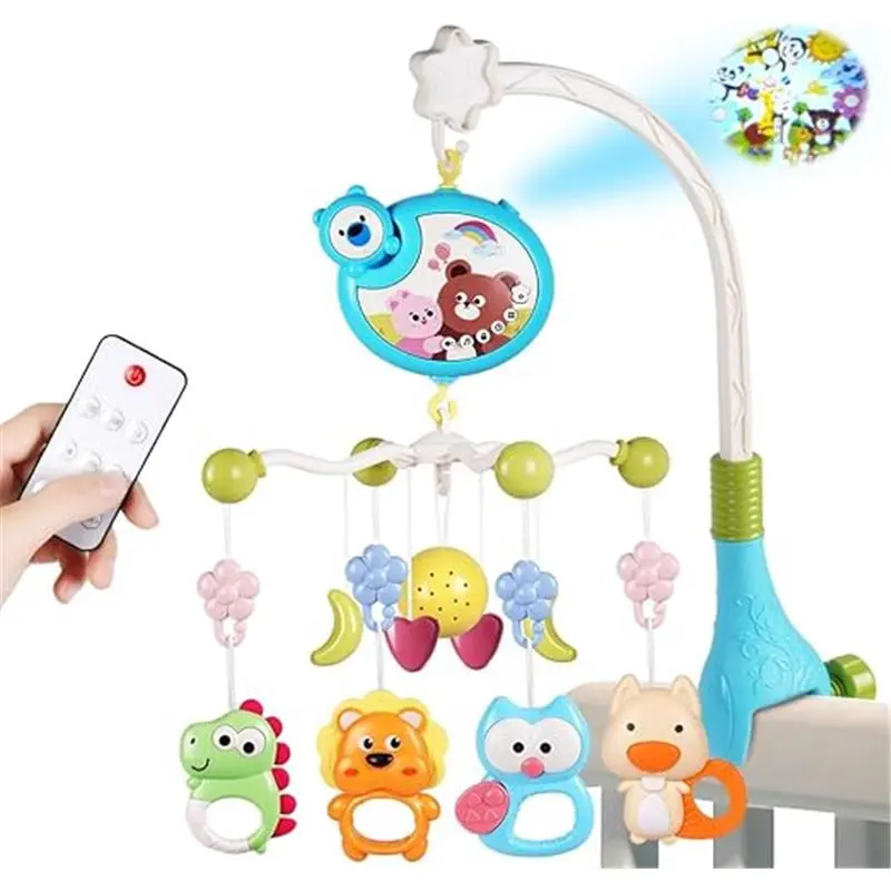 Baby Crib Toy, Baby Crib Mobile with Music and Lights, Cot Mobile Toy with Timing Function Projector and Remote Control, Baby Crib Toys for Boys Girls (Blue) 0