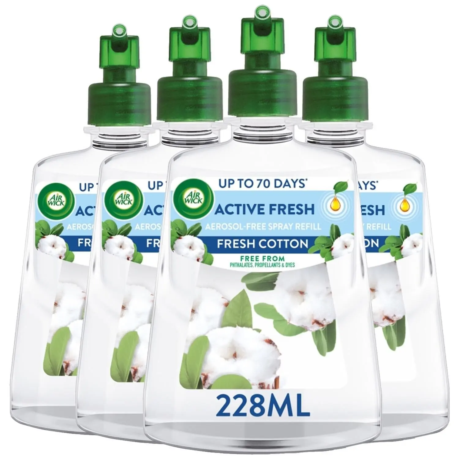4 x Air Wick Fresh Cotton Active Fresh Aerosol-Free Automatic Spray Refill 228ml