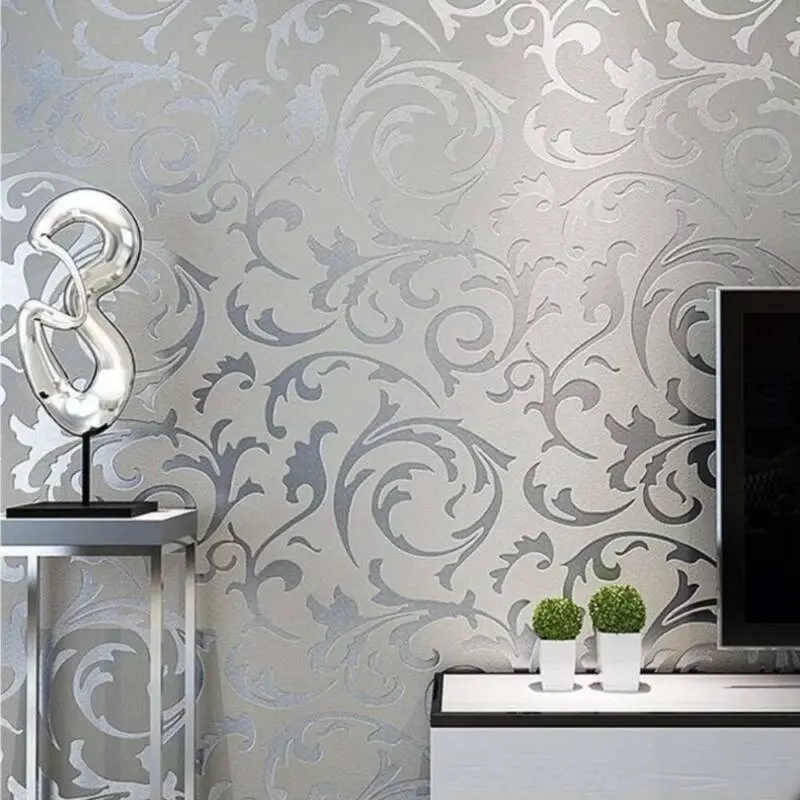 Luxury 3D Metallic Textured Damask Embossed Wallpaper Silver Glitter Home Decor