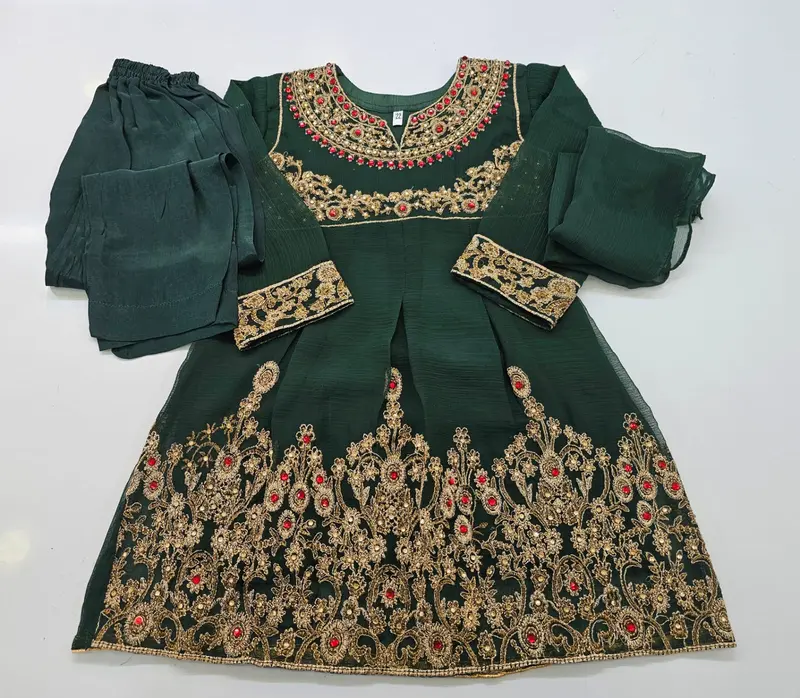 Girls Pakistani Embroidered Chiffon Dress Top With Trouser 8