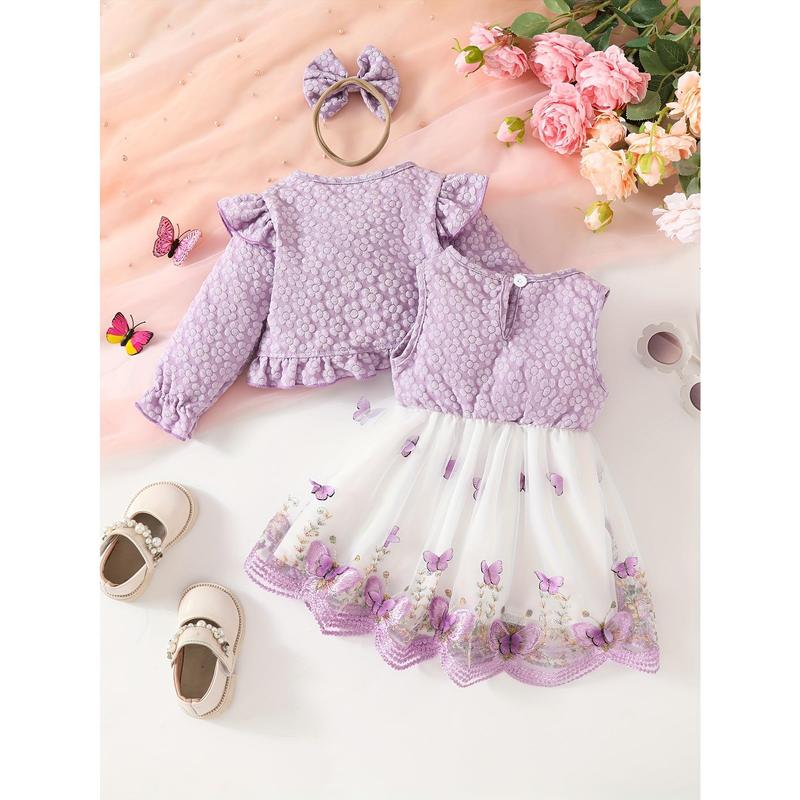 3pcs Fashion Casual Girl Butterfly Style Long Sleeve Ruffle Short Top + Sleeveless Mesh Butterfly Dress + Bow Hair Tie 4