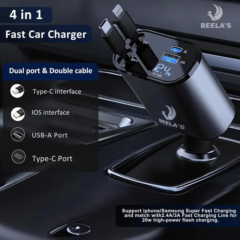 120W Retractable Car Charger, 4 in 1 Fast Car Charger Adapter with USB/USB-C Ports & 2 Retractable Cables, Car Phone Charger For iPhones, Samsung Galaxy, Google Pixel, Sony, Xiaomi, OnePlus 1