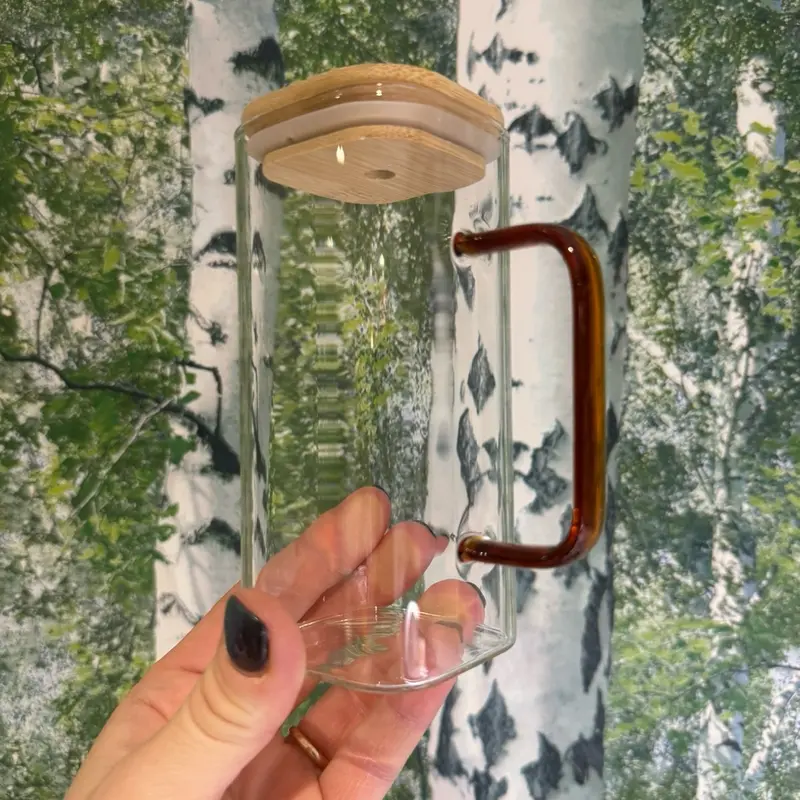 Square Glass with bamboo lid, glass handle & glass straw 8
