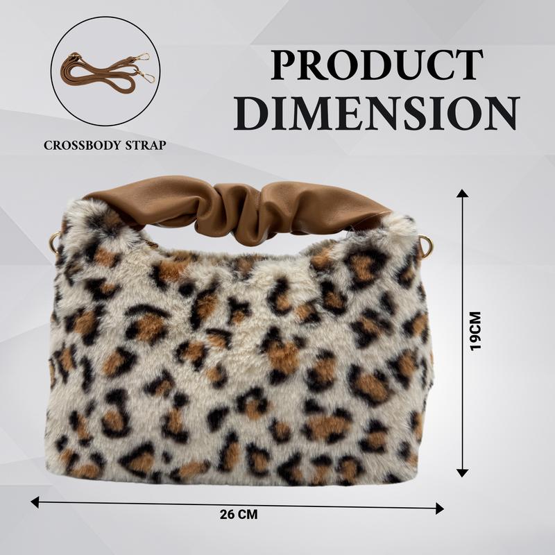 Belle Ella Leopard print Fur- Beige Box Bag, Women's Handle Bags with Shoulder Strap, Ladies Handbags with Metallic Button, Tweed Ladies Bag, Handbags for Women 2