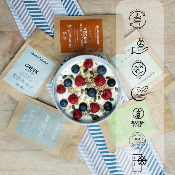 Vegan Yogurt Starter Culture to Make Wholesome Soya Yogurt at Home with 12 probiotics for gut health incl. L.Rhamnosus, L.Casei, L. Acidophilus & Bifidobacterium Infantis | Pack of 4 sachet = 8 Liters of Live & Natural Homemade Yogurt ( 1 month supply ) d 7
