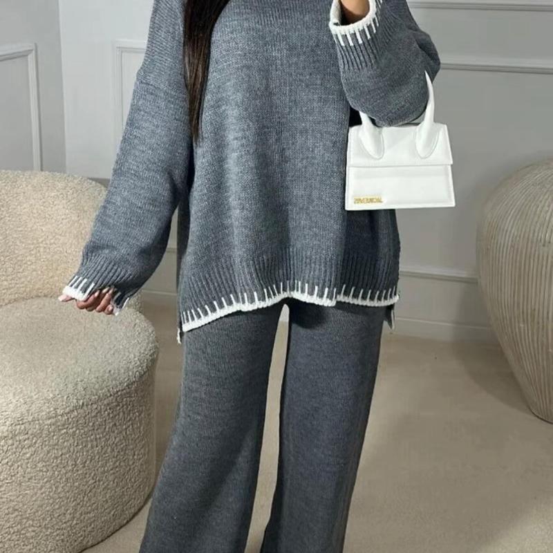 Women's Knitted Lounge Wear Ladies wide Leg Palazzo Top Trousers tracksuit Set 2
