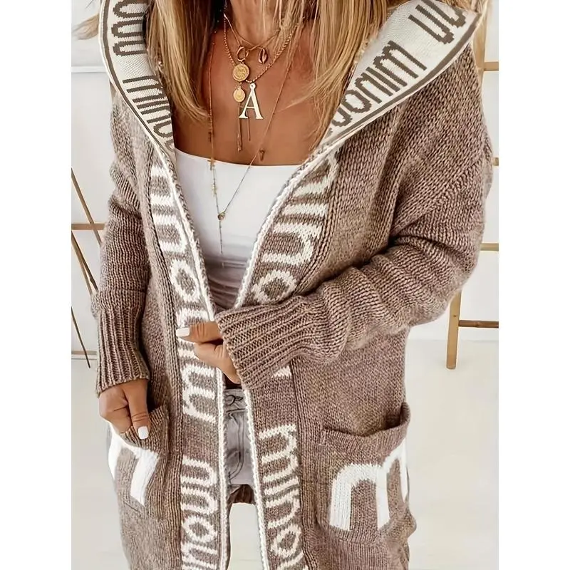 Letter Print Waterfall Collar Knit Cardigan, Casual Hooded Long Sleeve Sweater With Pockets, Women's Clothing