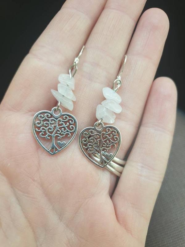 Handmade Rose Quartz Gemstone Dangly Tree Of Life Charm Earrings In Gift Bag, Gifts for Her, Spiritual Gifts, Chakra Jewellery, Love Gifts 0