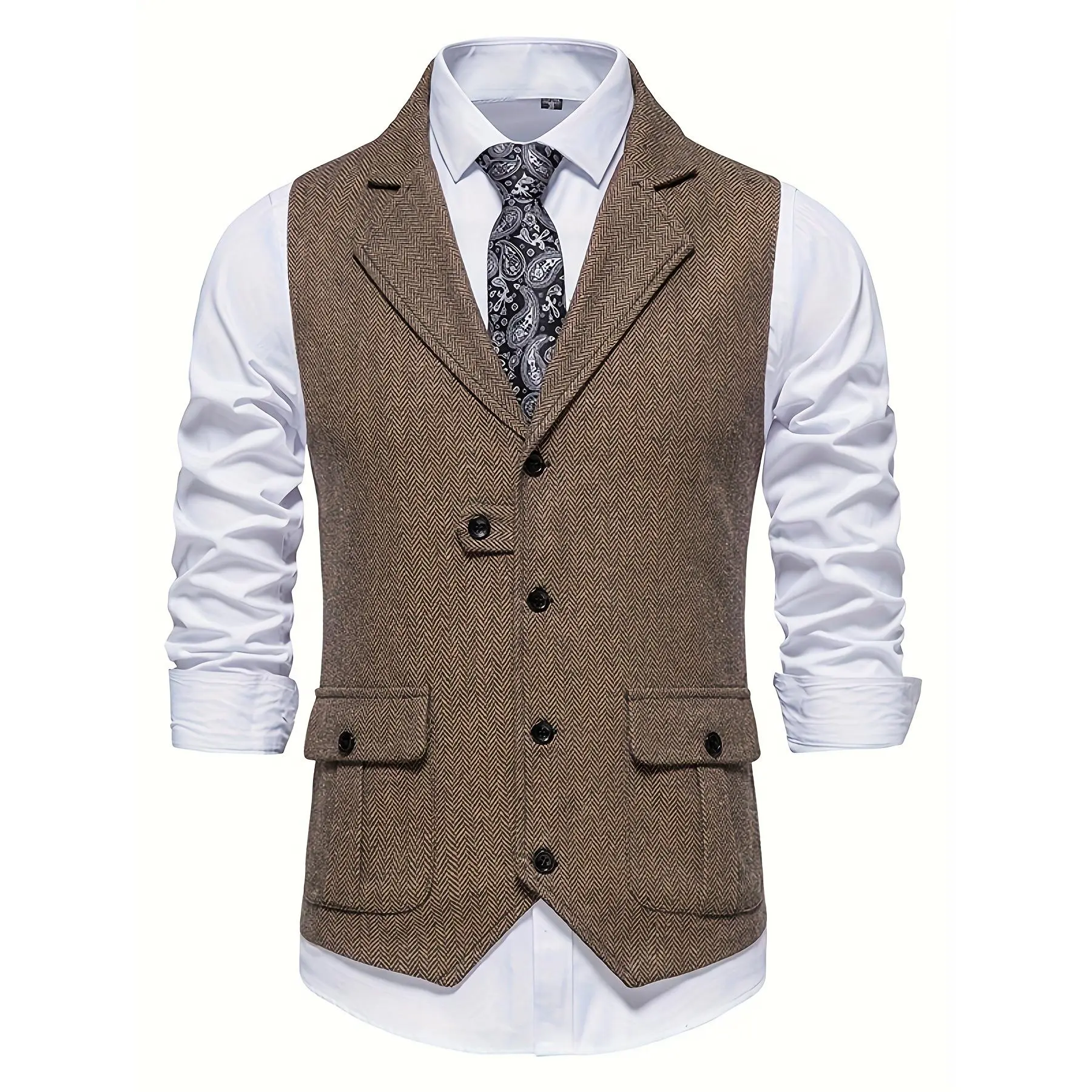 Men's Herringbone Tweed Vest Notched Lapel Single Breasted Sleeveless Vest Jacket