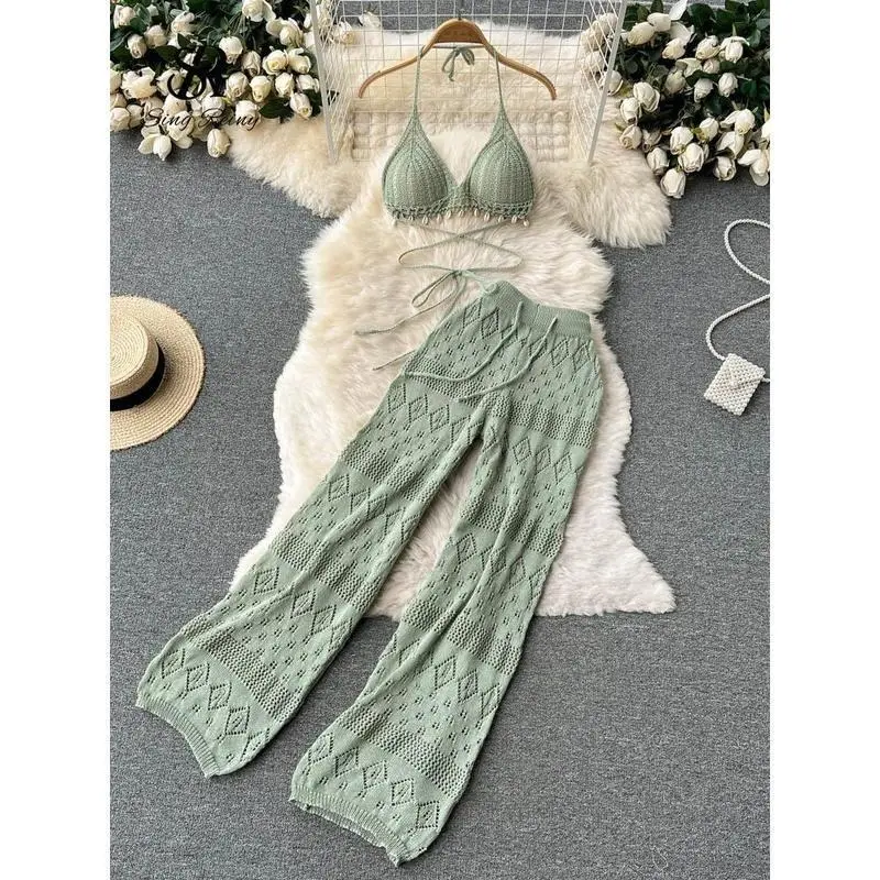 SINGREINY Women Summer Knitted Set Halter Short Tops+ Hollow Wide Leg Long Pants Sets Shell Beach Sexy Backless Two Piece Suits