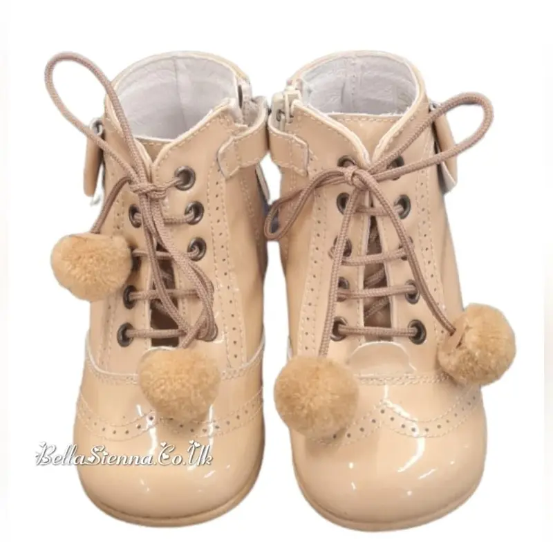 Andanines Girls Sand Patent Leather Boots With Bows & Pom Poms 1