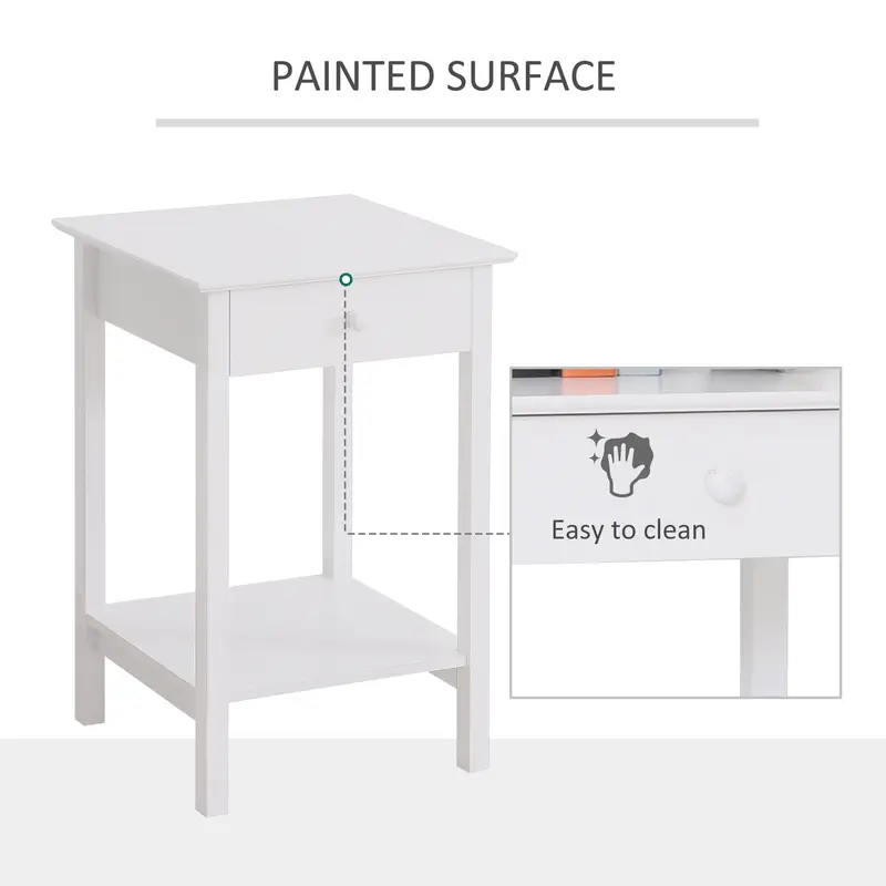 HOMCOM White Bedside Table, Wooden Side Table, Nightstand, Bedside Cabinet with Drawer and Storage Shelf for Bedroom and Living Room, Set of 2 4