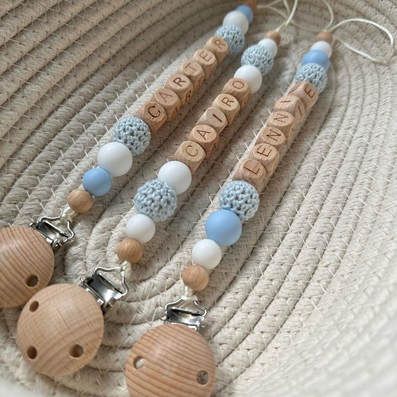 Personalised dummy clip baby boy - silicone and wooden beaded - Crochet bead - baby blue white and beige 4