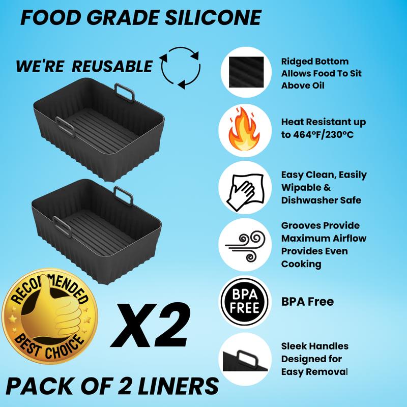 All Simple 2-pack Silicone Air Fryer Liner, Rectangle Reusable Air Fryer Liner BPA Free Silicone, Air Fryers Accessory For Home Kitchen Accessories Universal Fit 8.5 - 9.5L Each 3