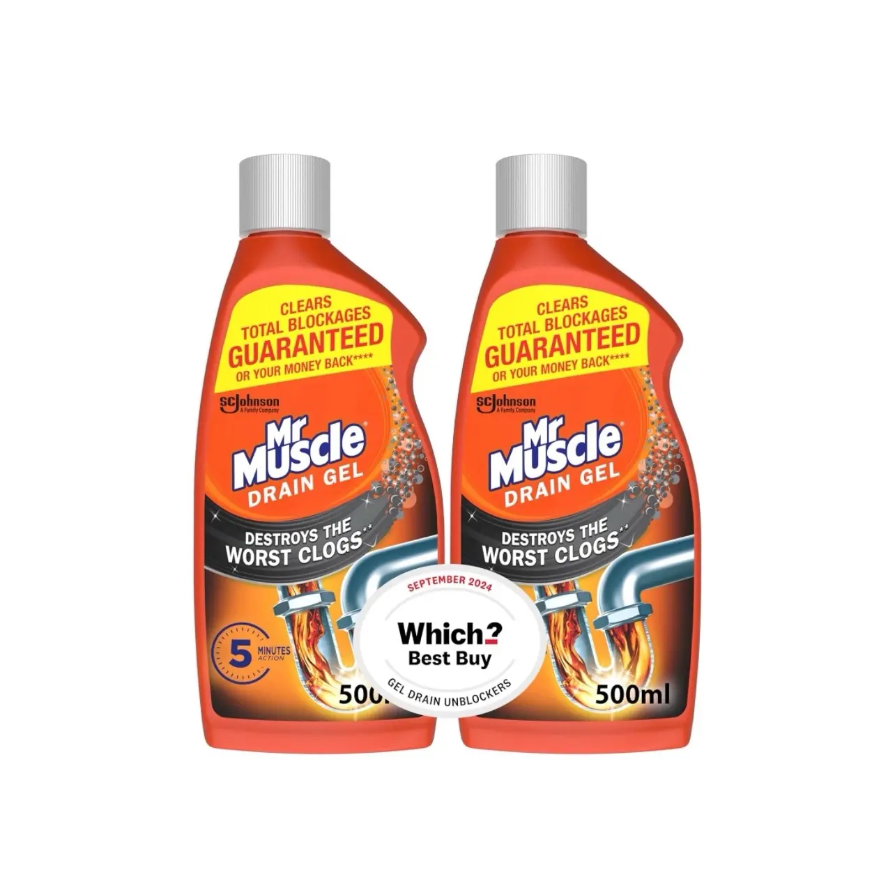 Mr Muscle Drain Unblocker, Heavy Duty Gel, Safe for All Pipes, 2 x 500ml, Household Cleaner