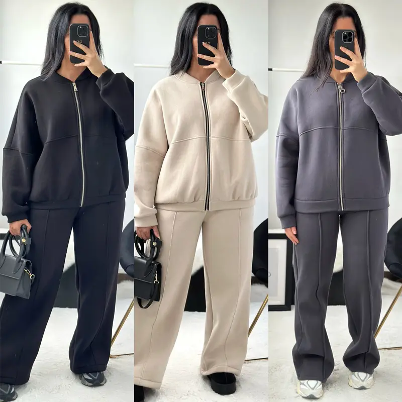 Women's Fleece Lined Oversized Zip Up Bomber Jacket And Pleated Straight Leg Pants Joggers Drawstring Trousers Two Piece Co-Ord Lounge Jogging Tracksuit Set Ladies Oversize Comfy Loungewear Womenswear Everyday Overall 0