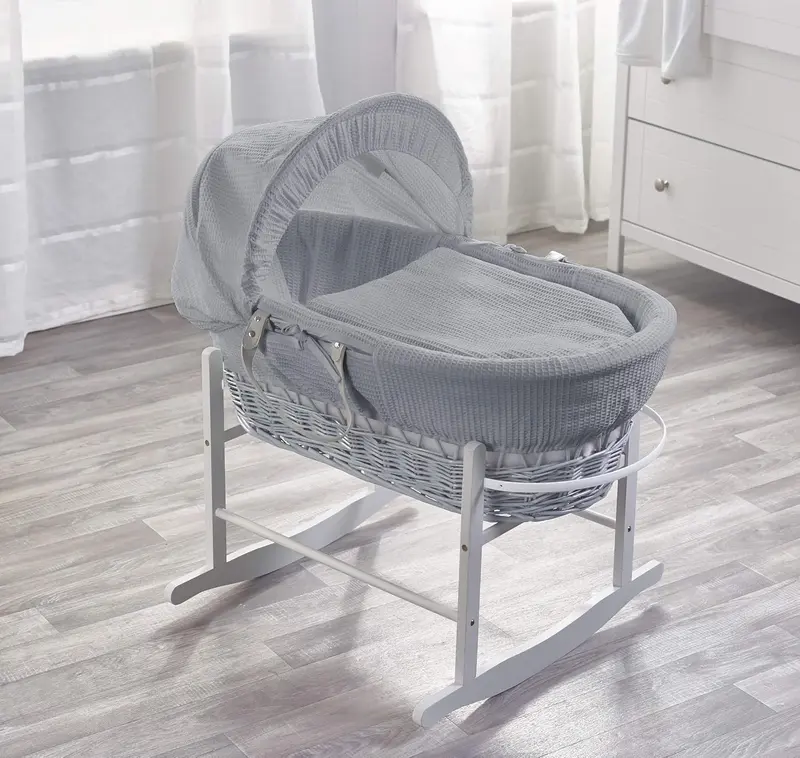 BABY Grey Waffle Grey Wicker Moses Basket with Chester Grey Rocking Stand, Adjustable Hood, Fibre Mattress & Padded Liner 0