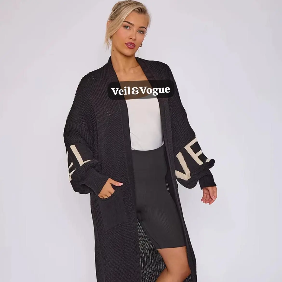 Ladies Love Print Balloon Sleeve Long Cardigan