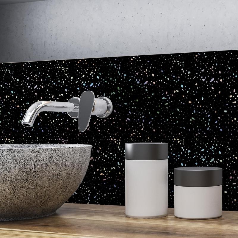 WALPLUS Tile Stickers Metallic Peel and Stick Backsplash Kitchen Backsplash Tiles Self Adhesive Water Resistance Heat Resistance Terrazzo Holographic Glitter Black Wall Tile Sticker Set 24pcs 2.3 Inch 3