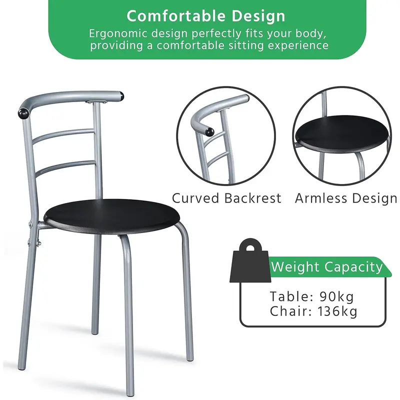 3 Piece Dining Table & Chairs Set, Compact Dining Room Set with Storage Shelf and Wine Rack, Modern Breakfast Bar Table Set for Kitchen/Apartments/Small Space, Black, 80x53x75.5cm 7