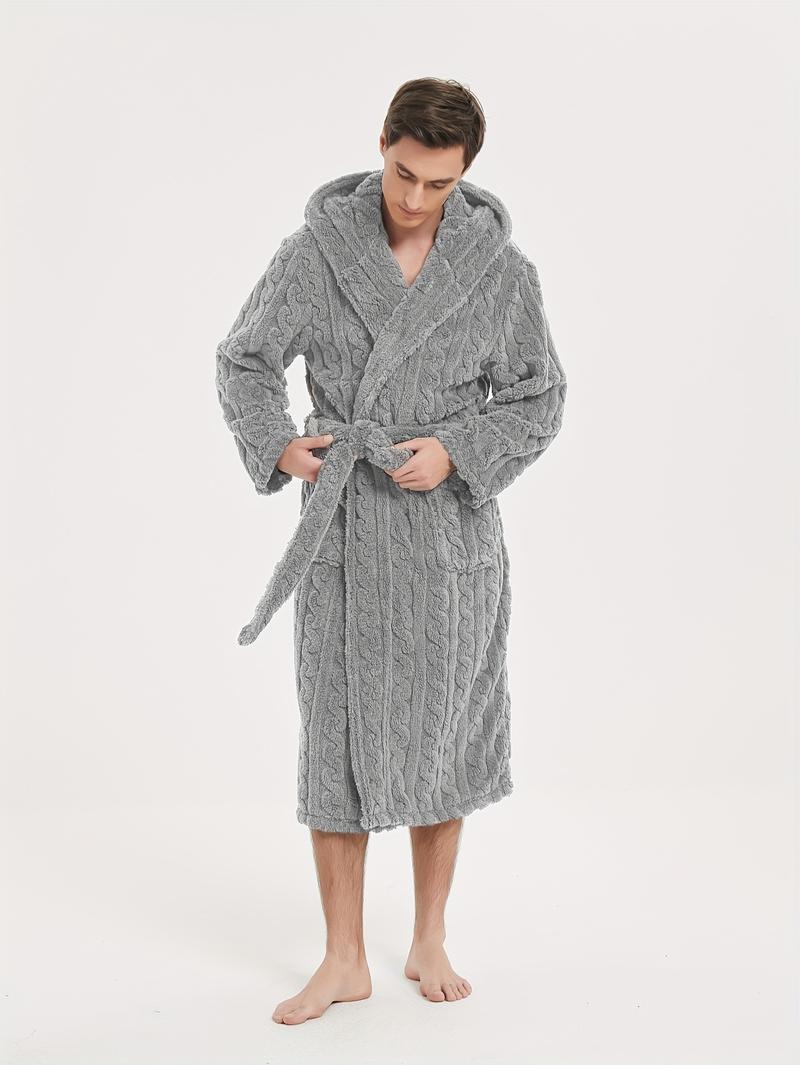 Product Introduction of Men's Comfy Solid Fleece Robe Home Hooded Pajamas Wear With Pocket & Hair Dry Hat, One-piece Lace Up Kimono Night-robe Warm Sets After Bath 17