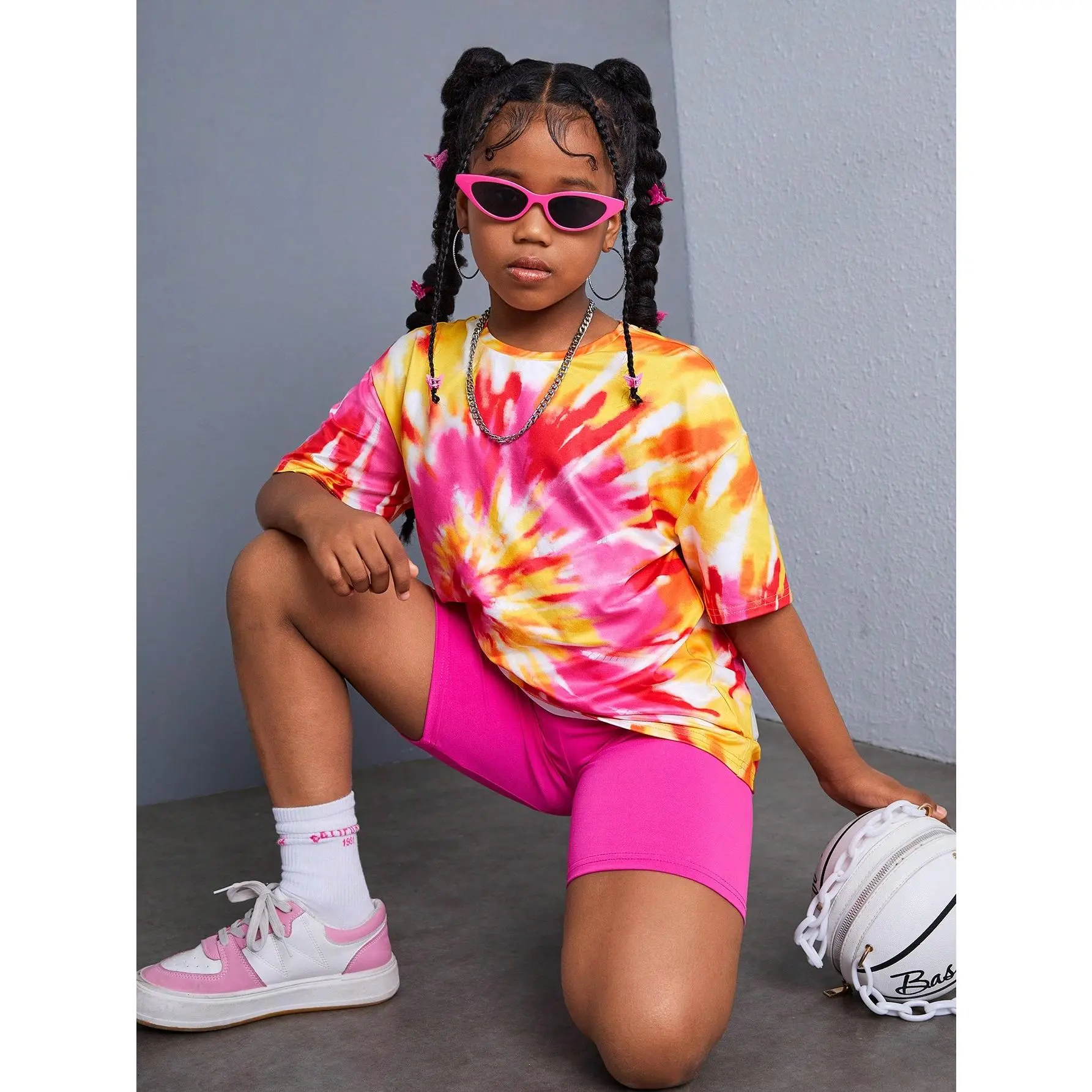 Tween Girl Casual Simple Tie-Dye Loose Round-Neck Short Sleeve T-Shirt And Cycling Shorts Set
